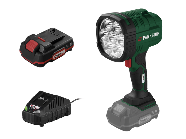 Parkside X20V Team LED pracovní lampa s baterií a nabíječkou.
