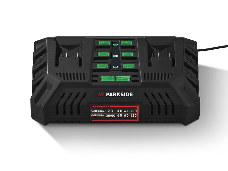 Parkside nabíječka baterií s indikátory.