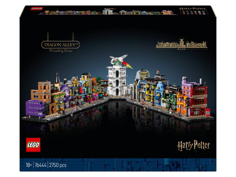 Sada LEGO Harry Potter Diagon Alley s 2750 dílky, zobrazující obchody a draka.