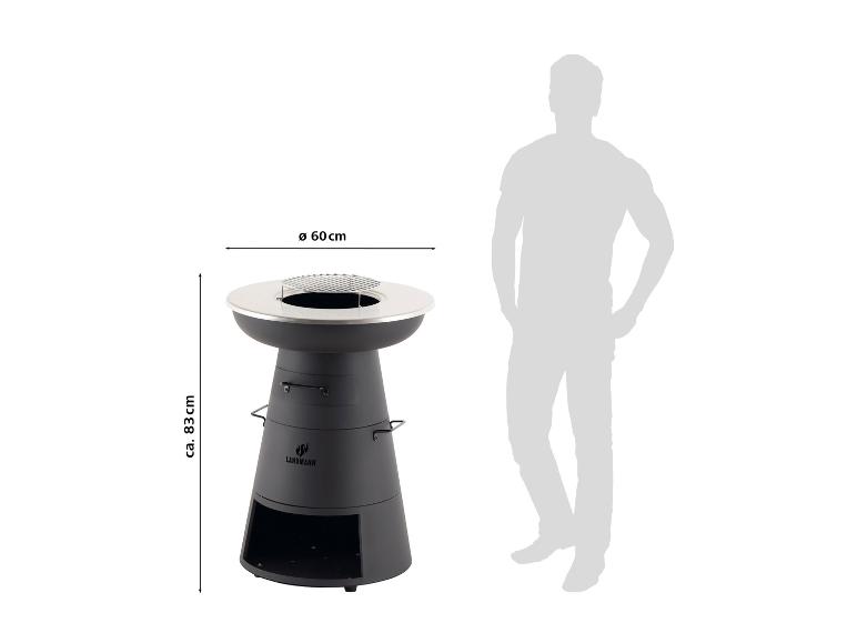 Kulatý gril na dřevěné uhlí s roštem a podstavcem, výška 83 cm a průměr 60 cm.