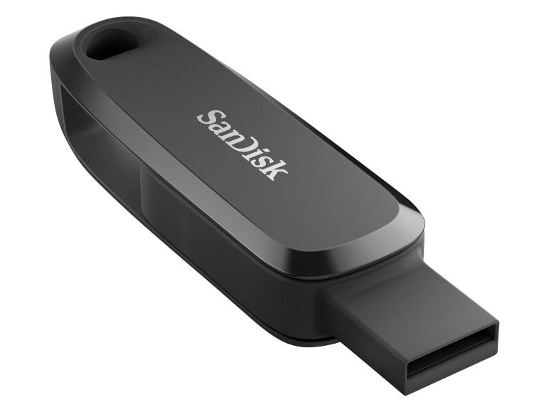 Černý USB flash disk s texturovaným povrchem a poutkem na klíče.
