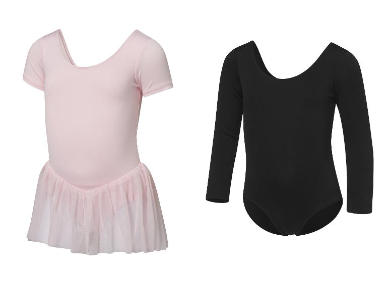 Růžové a černé baletní trika pro dívky; růžové má tylovou sukni.