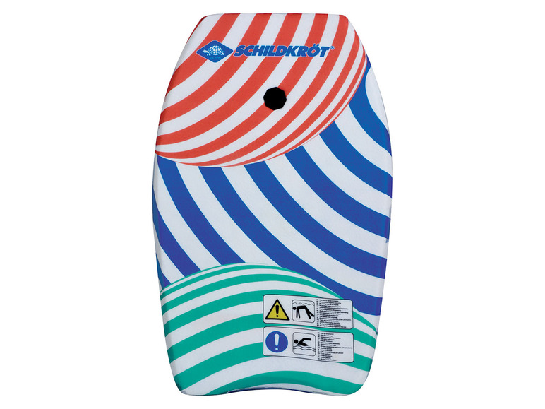 Bodyboard Schildkröt s červenými, modrými a zelenými pruhy.