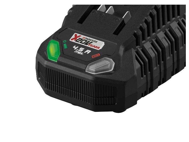 Černá nabíječka baterií Parkside X20V Team se zelenou LED.