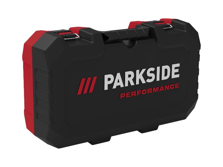 Černý a červený kufřík na nářadí s textem „PARKSIDE PERFORMANCE“.