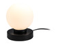 Černá stolní lampa s kulatým bílým stínidlem.