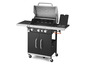 Černý plynový gril s otevřeným víkem značky Grillmeister.