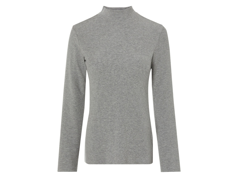 Šedý svetr s dlouhým rukávem a vysokým límcem.