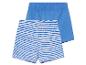 Dvoje dětské šortky: modré pruhované a jednobarevně modré.