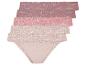 Tři páry růžových a béžových krajkových kalhotek.