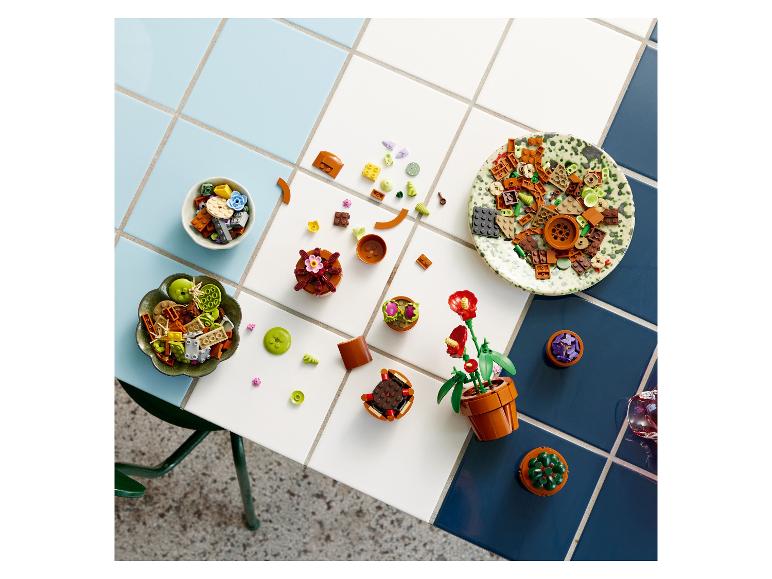 Díly botanické kolekce Lego a sestavené rostliny na dlážděném stole.