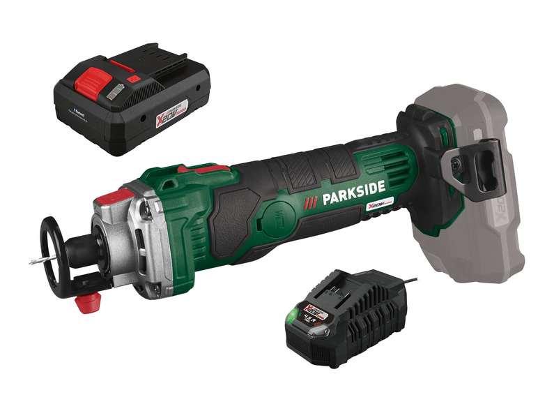 Aku vrtačka Parkside X20V Team se dvěma bateriemi a nabíječkou.