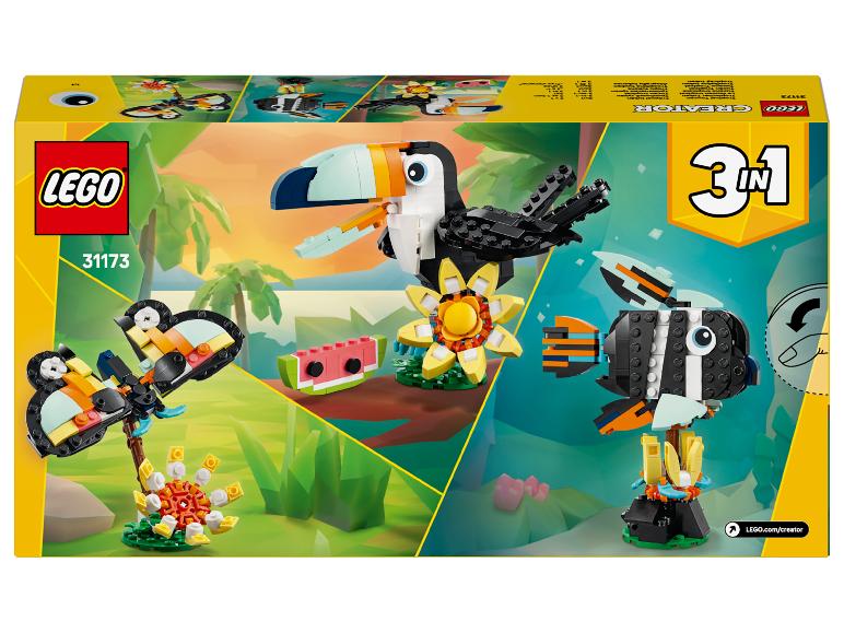 LEGO Creator 3-v-1 krabice s tukanem, motýlem a žábou.