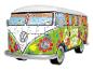 3D puzzle ve tvaru dodávky Volkswagen, zdobené barevnými hippie motivy.