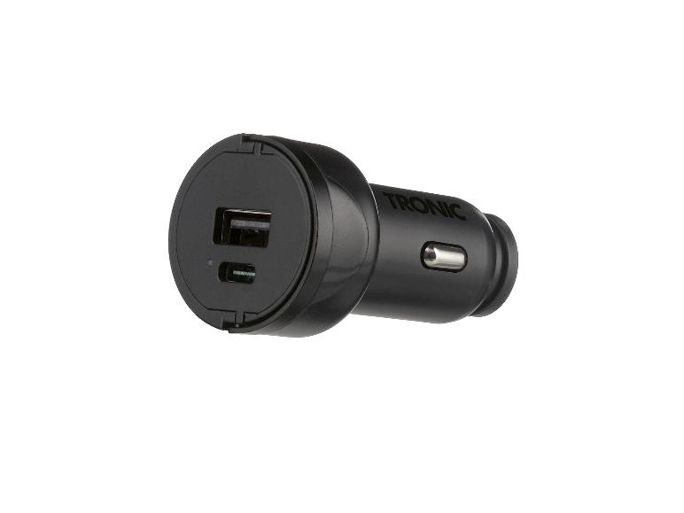 Černá autonabíječka s porty USB-A a USB-C