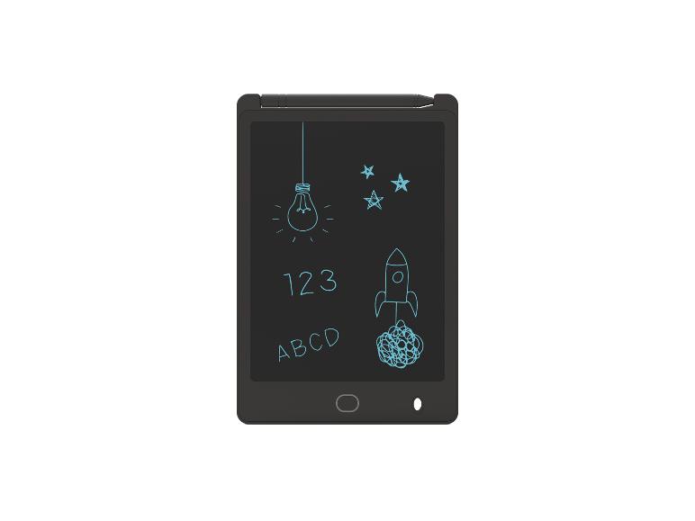 Černý LCD tablet na psaní s perem a černou obrazovkou s modrými kresbami.