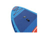 Detail modro-oranžového paddleboardu s bungee šňůrkou a rukojetí.