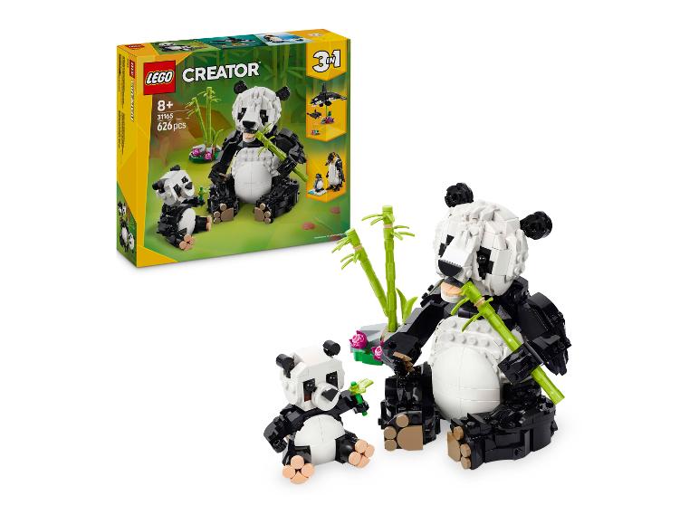 LEGO Creator 3 v 1 sada s matkou pandou a jejím mládětem, bambusem a krabicí sady.
