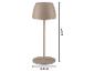 Bezdrátová stolní lampa béžové barvy s rozměry: výška 20cm, průměr základny 8cm.