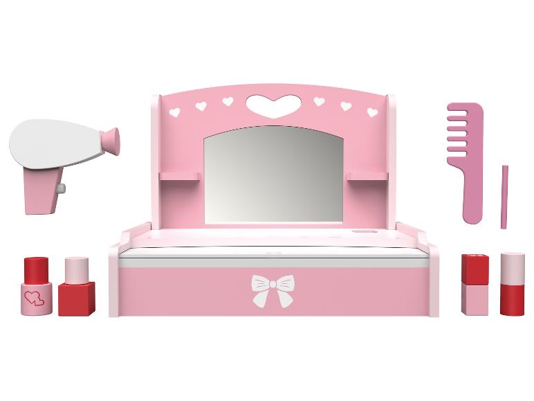 Růžový make-up hrací set se zrcadlem, fénem a doplňky.