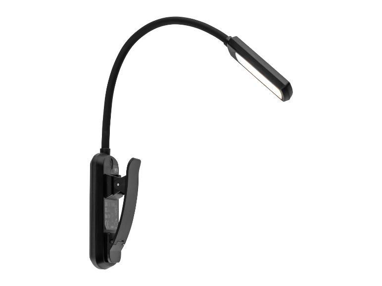 Černá čtecí lampa s flexibilním ramenem a klipsem.