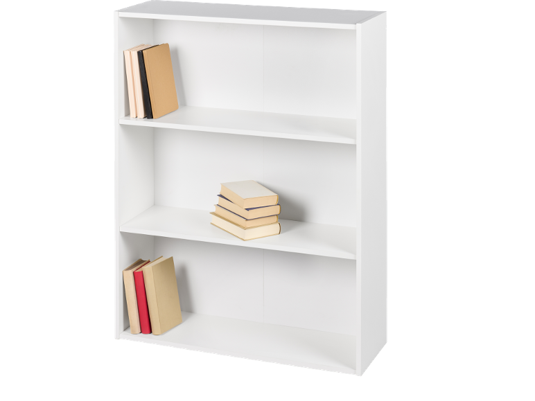 Bílá třípolicová knihovna s knihami na každé polici.