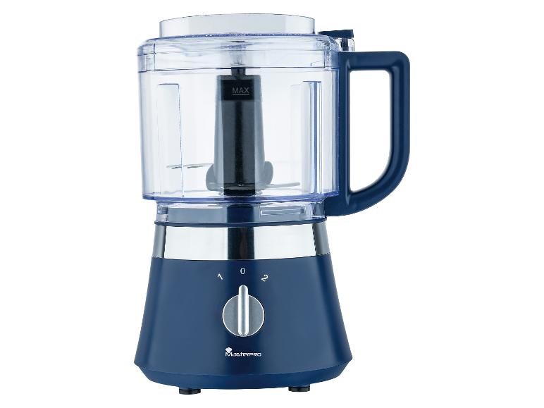 Modrý kuchyňský robot Masterpro: průhledná nádoba, snadné použití.