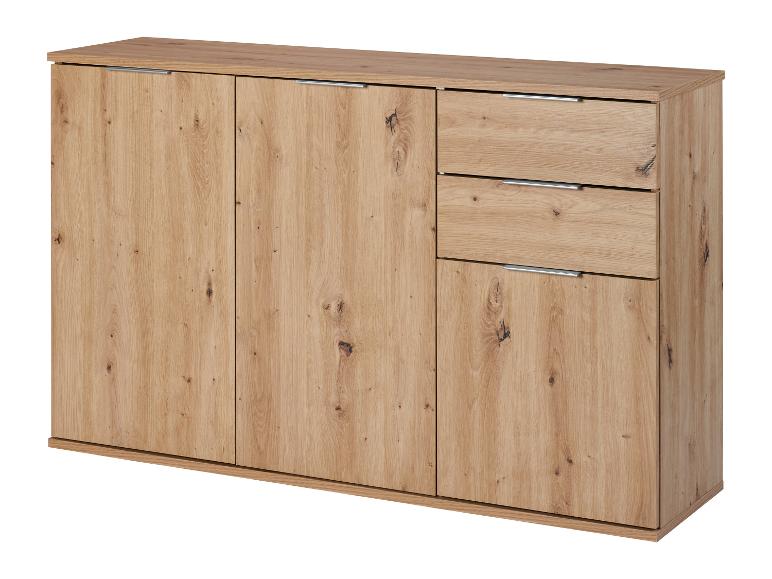 Moderní dřevěná komoda se třemi dvířky a dvěma zásuvkami.