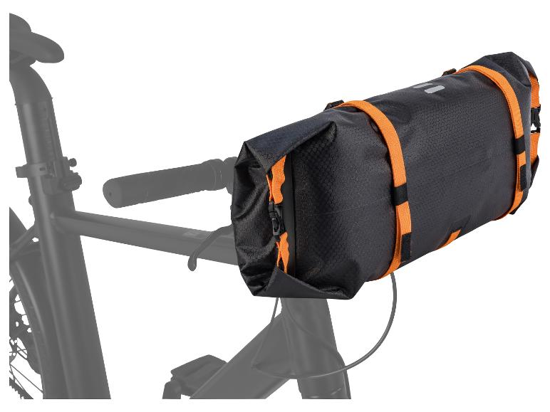 Černý cyklistický brašna na řidítka, oranžové popruhy.
