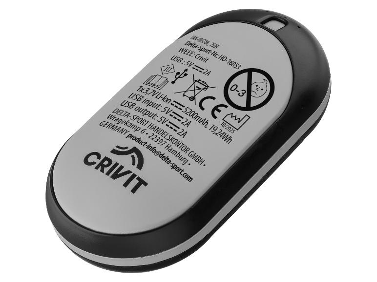 Power bank Crivit s technickými specifikacemi a informacemi o výrobci.