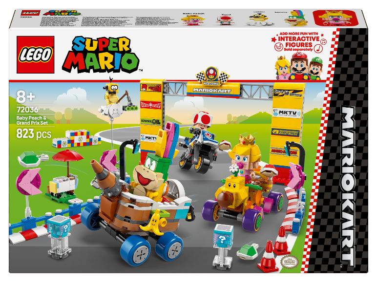 Sada LEGO Super Mario Kart s Baby Peach a Bowserem Jr. v závodních autech.