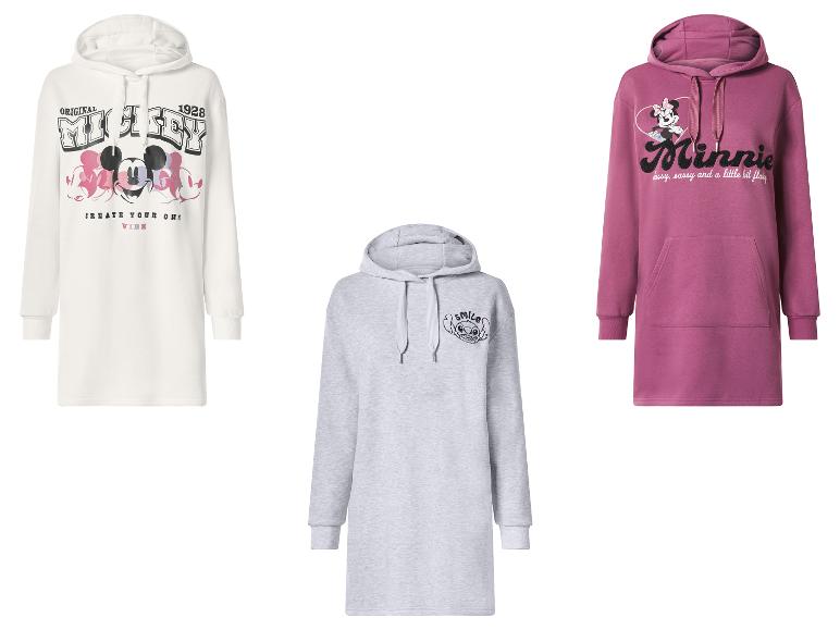 Tři Disney mikinové šaty: bílé Mickey Mouse, šedé Stitch a růžové Minnie Mouse.