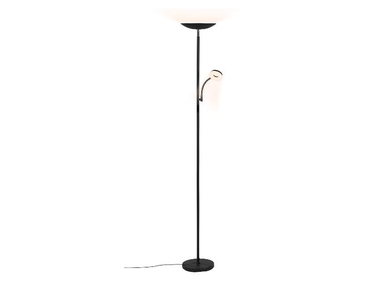 Černá stojací lampa s hlavním světlem a flexibilní lampou na čtení.