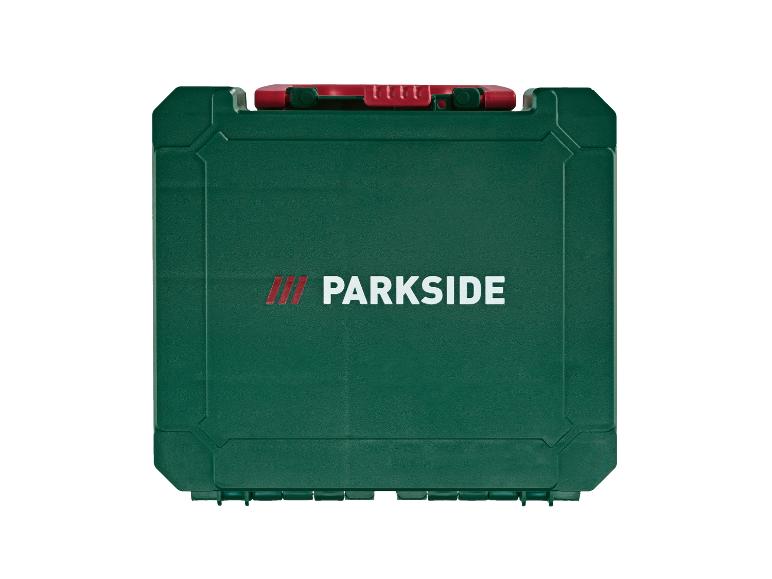 Zelený box na nářadí Parkside s červeným uzávěrem.