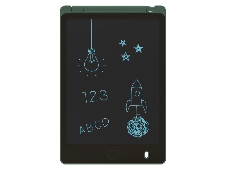 Digitální LCD tabule s obrázky žárovky, rakety a hvězd.