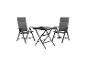 Šedá skládací zahradní sada: stůl a dvě židle.