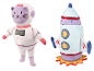 Plyšové hračky: astronaut kočka a raketa.