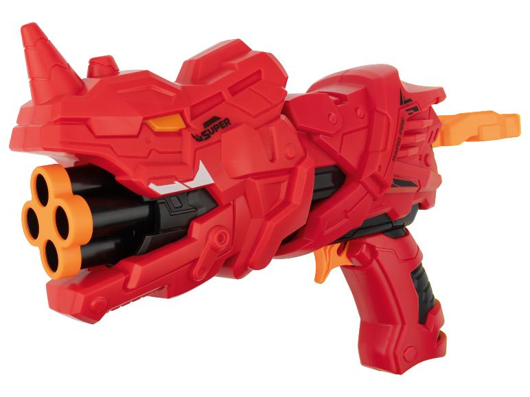 Červený blaster s více hlaveňmi a mechanismem rychlé palby.