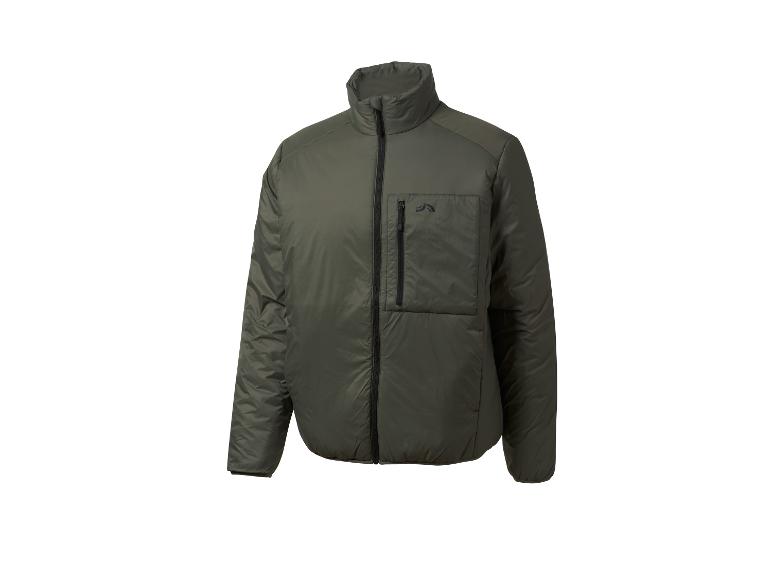 Tmavě zelená prošívaná bunda s předním zipem a náprsní kapsou.