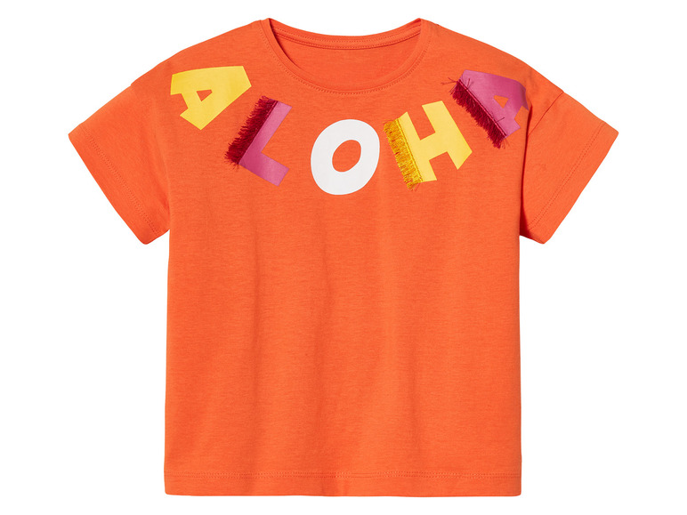 Oranžové tričko s nápisem 'Aloha'.