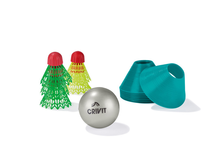 Badmintonové míčky, kužele a fitness míč Crivit.