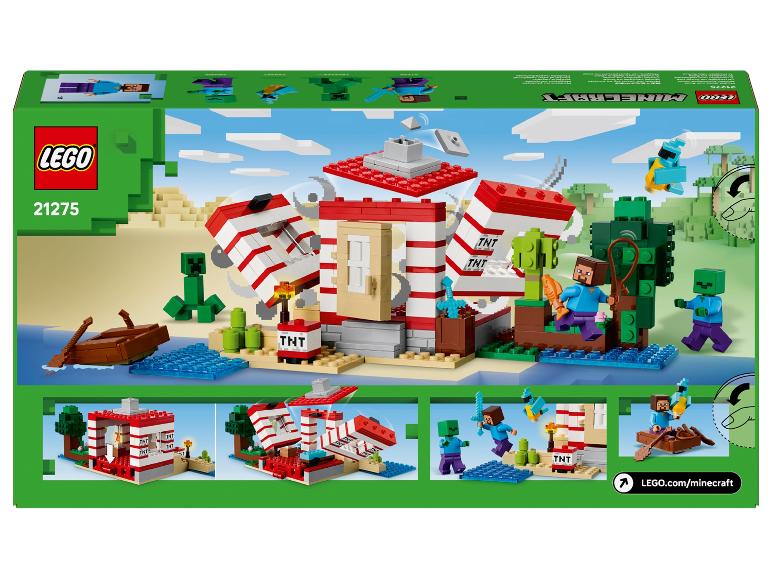 Herní sada Minecraft s domem, lodí, figurkami a doplňky, zobrazující různé scény.