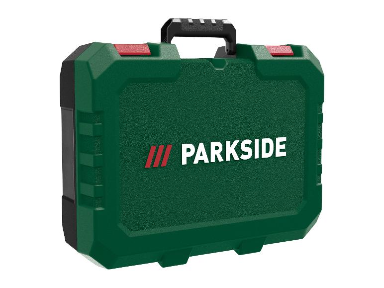 Zelený kufr na nářadí Parkside s černou rukojetí a červenými sponami.