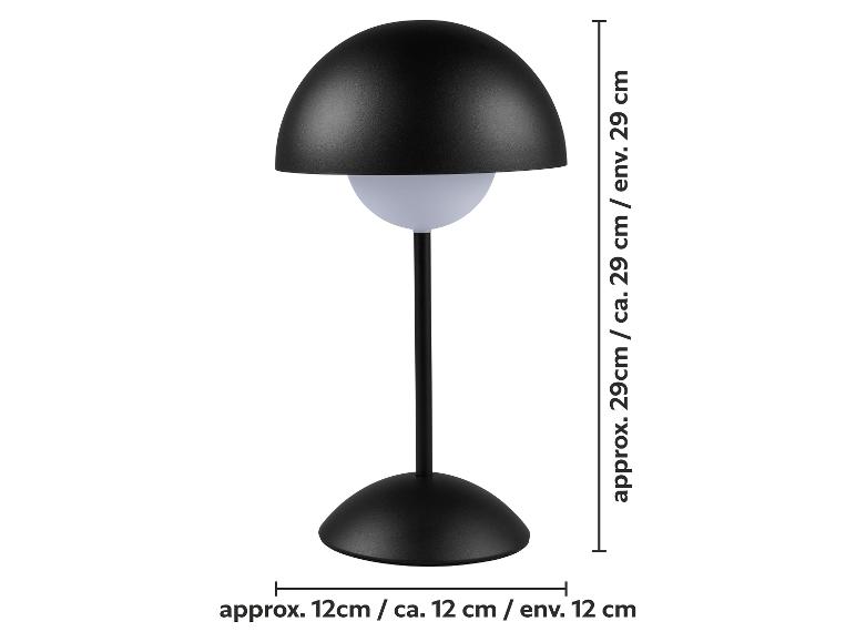 Černá stolní lampa s houbovitým stínítkem, vysoká 29 cm a široká 12 cm.