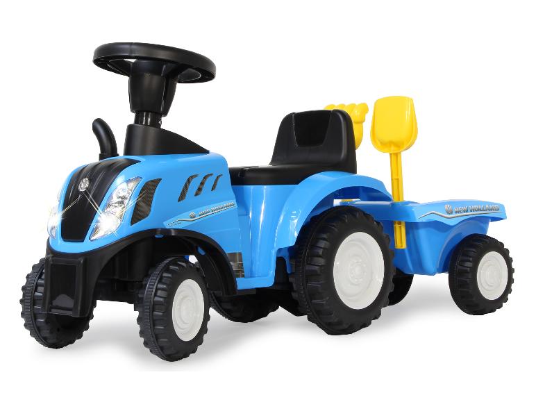 Modrý dětský traktor New Holland se žlutou lopatou.