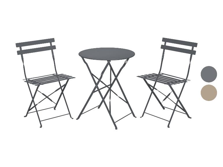 Šedý skládací bistro set s kulatým stolem a dvěma židlemi.