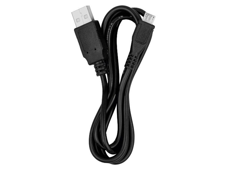 Černý USB kabel s konektory USB-A a Micro-USB, stočený do osmičky.