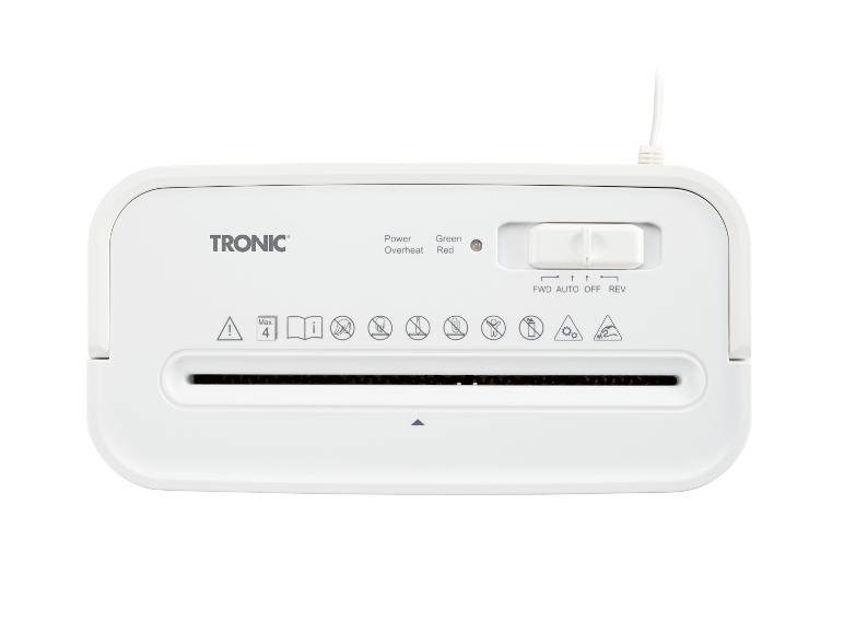 Bílý skartovač papíru Tronic s ovládacími prvky a bezpečnostními ikonami.