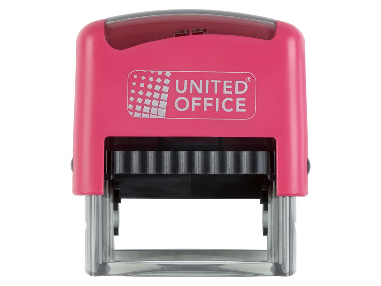Růžová razítka s nápisem „United Office“.