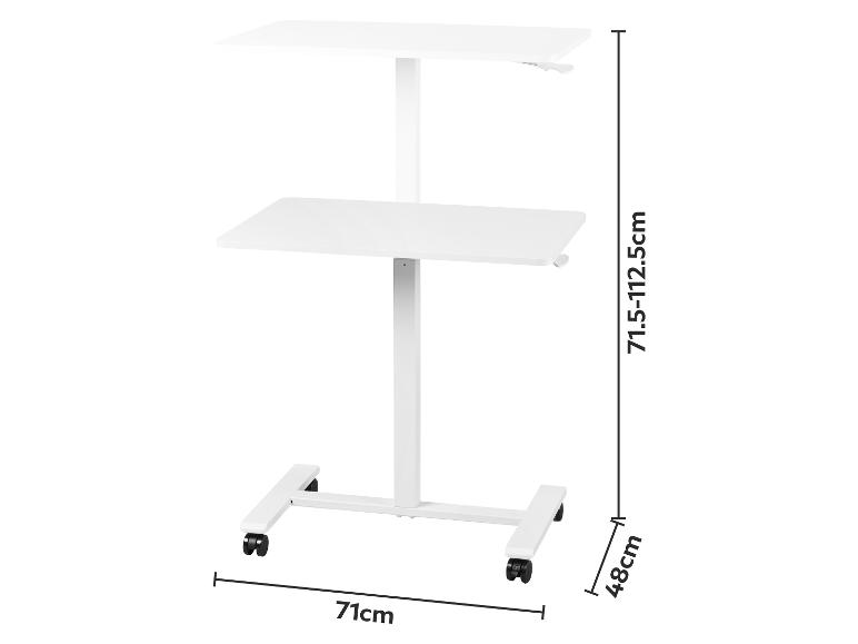 Bílý mobilní výškově nastavitelný stůl (71,5-112,5 cm) se dvěma deskami, šířka 71 cm a hloubka 48 cm.